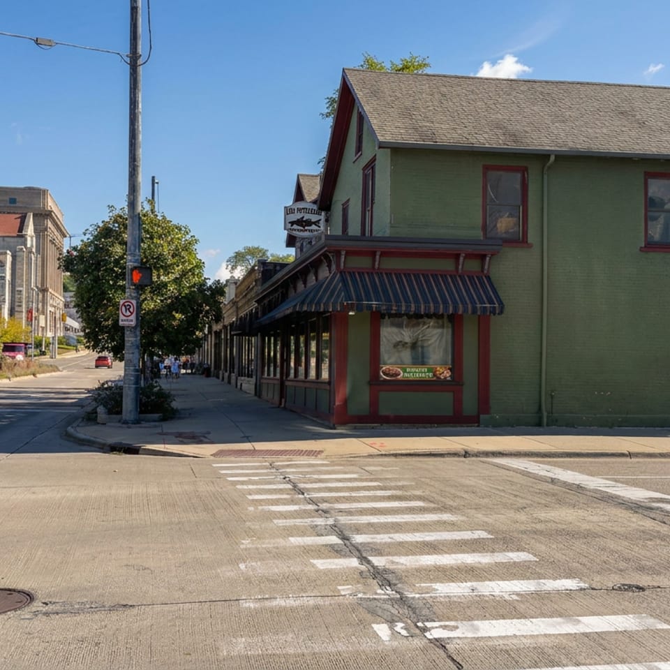 Green two-story restaurant building with red trim and striped awning stands at a sunny urban intersection.