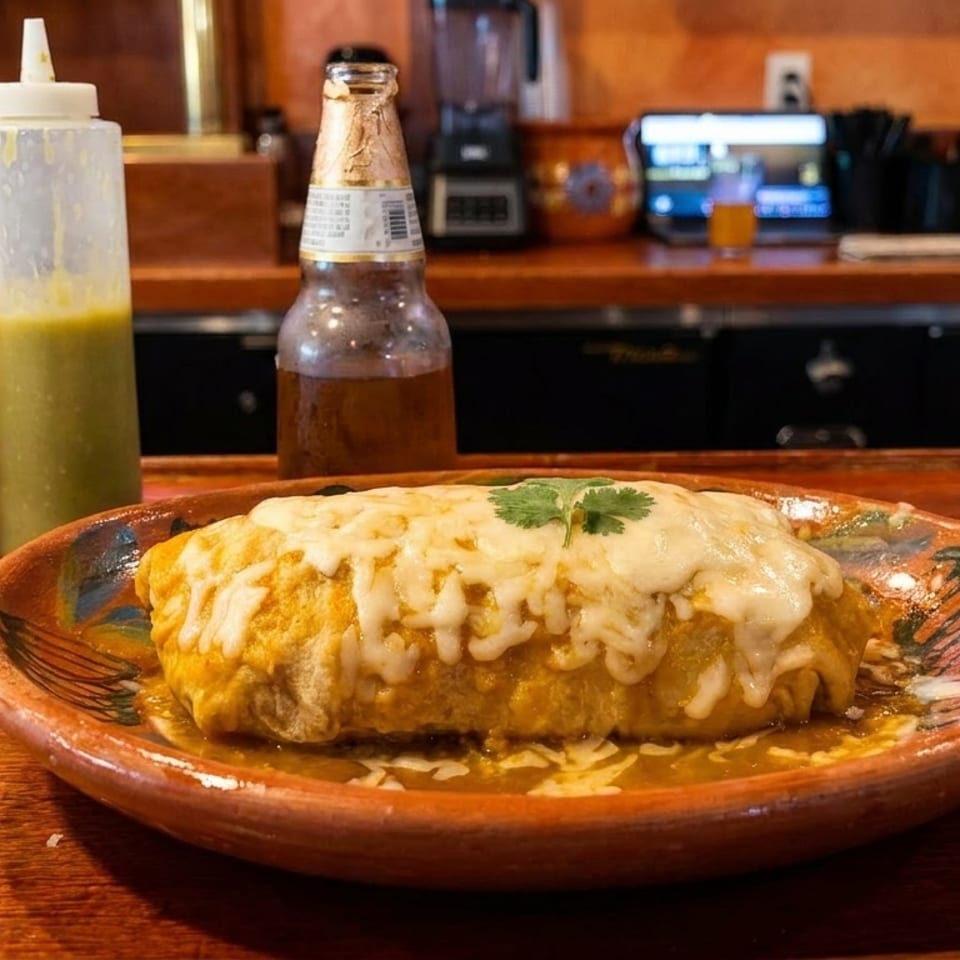 Cheese-covered burrito garnished with cilantro on a colorful plate, with sauces and a beer bottle on a restaurant counter.