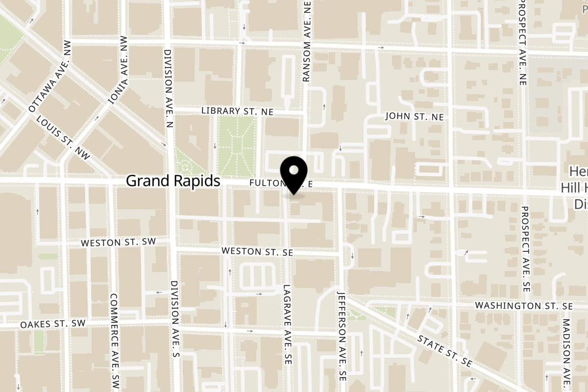 Map showing the location of Los Potrillos MI on 136 Fulton St E in Grand Rapids
